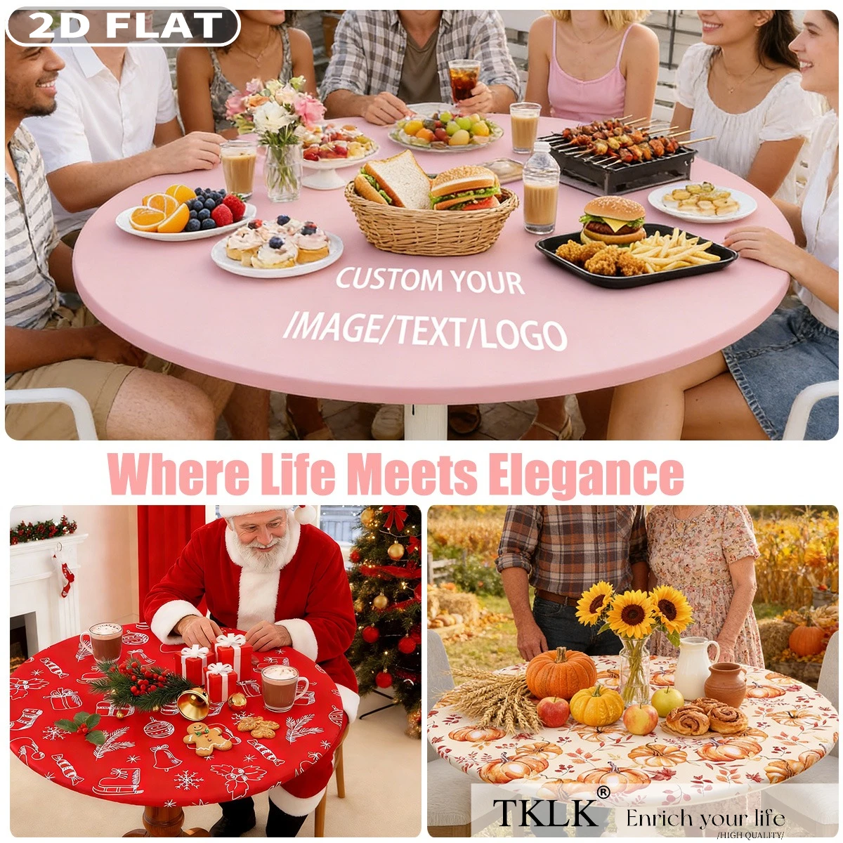2D FLAT 1pc Custom Round Spandex Table Cover - Personalized with Photo, Text & Logo, Elastic Fitted & Washable for Round Tables view 5