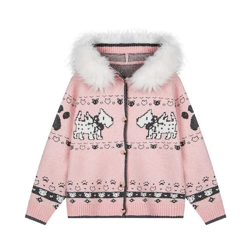 Harajuku Sweet Cute Pattern Jacquard Fur Collar Oversized Sweaters Women Fashion Winter Warm Lazy Style Knitted Cardigan Sweater