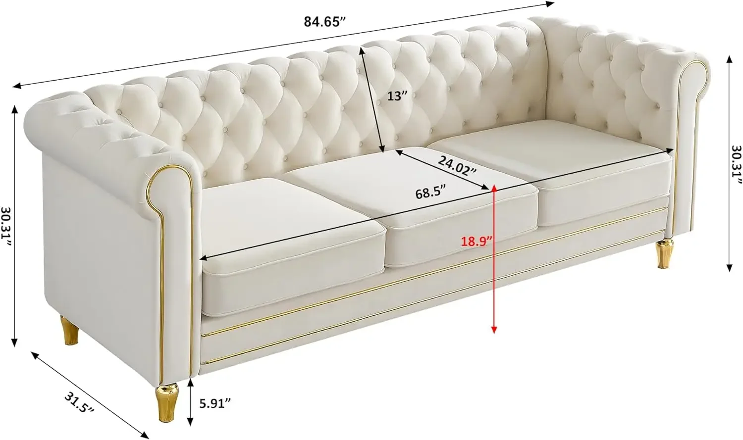 

84" Modern Sofa Couch for Living Room,3Seater Couch Comfy Velvet Sofa Button Tufted Rolled Arms and Gold Legs,Chesterfield Sofa