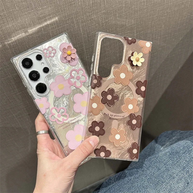 Funda de teléfono magnética con flores láser creativas para Samsung Galaxy S22 S23 S24 Ultra S24 + S24 Plus