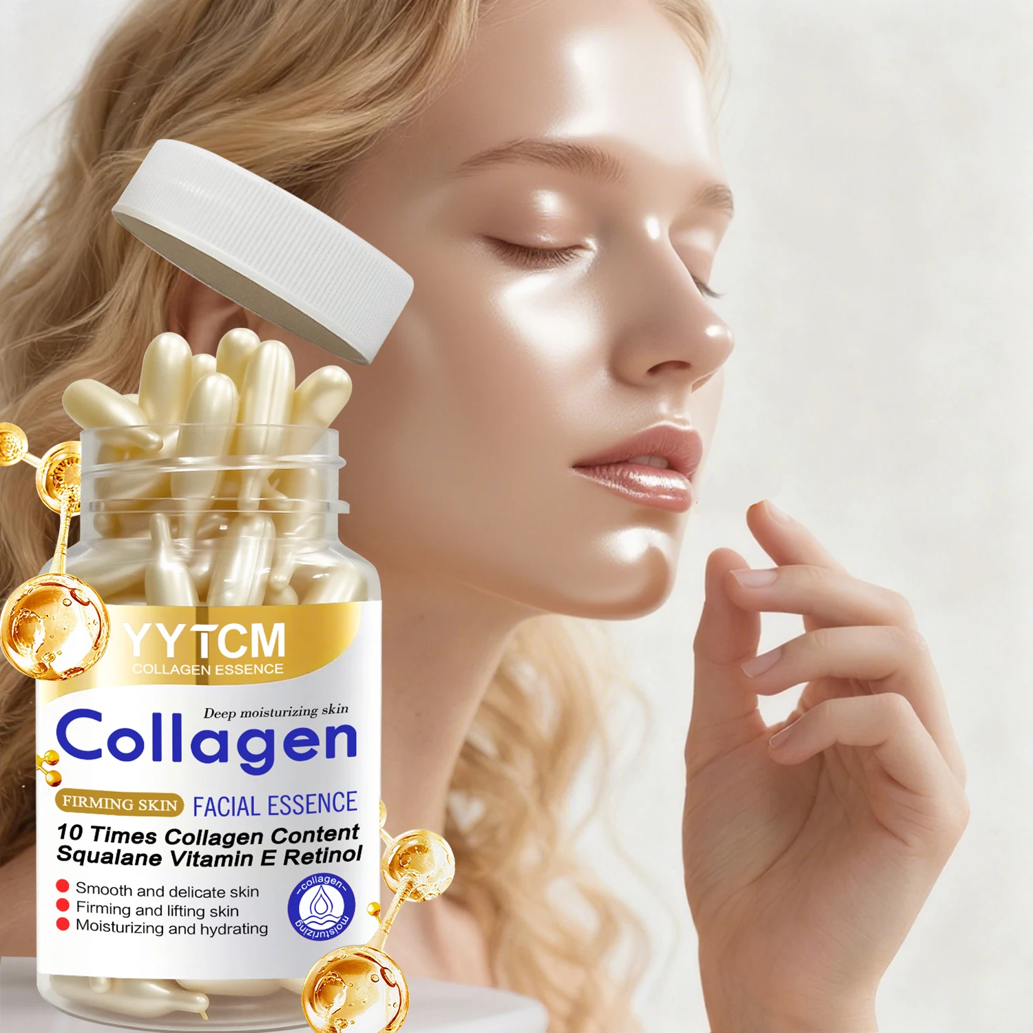 Essence raffermissante au collagène, hydratante et lissante pour la peau, contient du squalane d'origine végétale, du rétinol et de la vitamine E, essence hydratante en profondeur, 18 capsules/30 capsules/48 capsules/60 capsules/90 capsules/120 capsules
