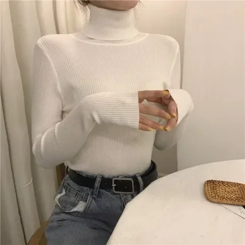 YTJHRG Women\'s Turtleneck Sweater Autumn Winter Fashion Pullover Elastic Knit Ladies Jumper Casual Solid 2024 New Female Tops