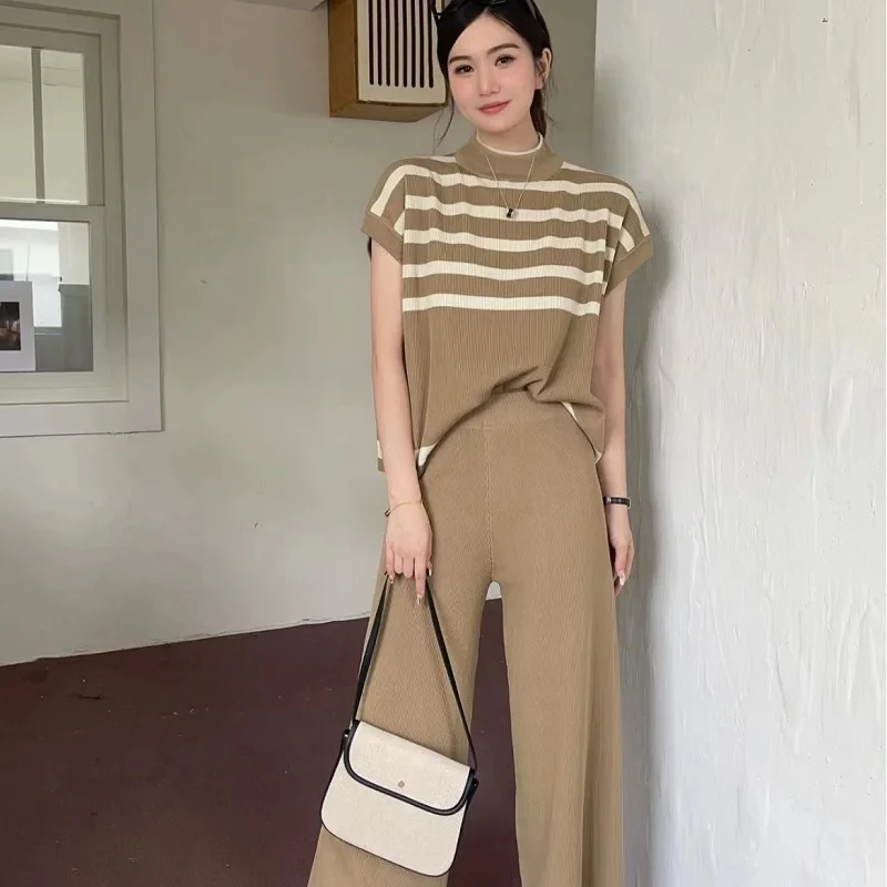 Harajuku Summer High Street Simple High-Grade Fashion Niche Striped Knitted Waistcoat Fashion Casual Slim Wide Leg Pants Women