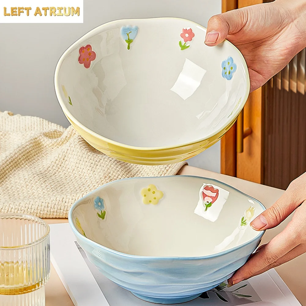 7Inches Ceramic Bowl Underglaze Floral Pattern Noodle Bowls Household Ramen Bowls Kitchen Durable Breakfast Congee Deep Bowl