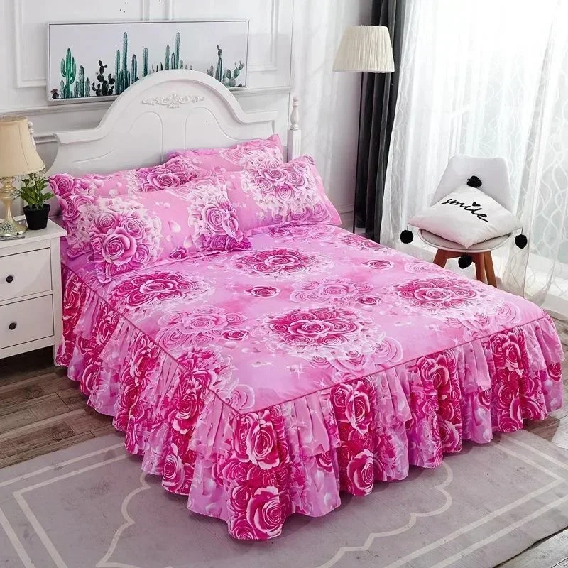 3PCS Bed Skirt Set Elastic Double Bedspread with Pillowcases Mattress Cover Bedding Set Elastic King Size Bedsheet  لحاف 침대치마