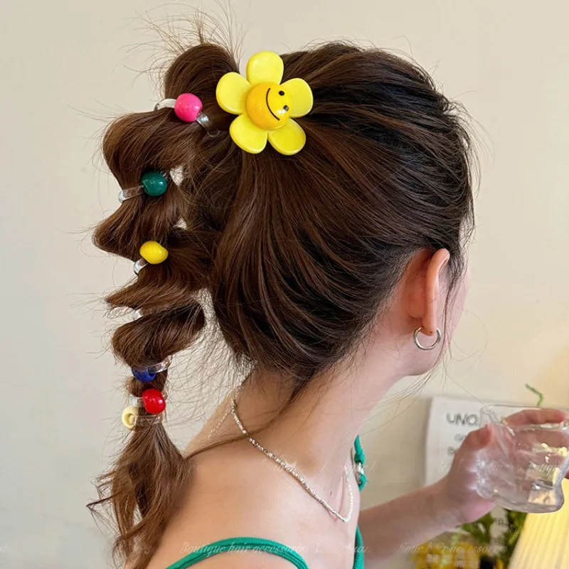 4PCS Sweet Spring and Summer Sunflower Bubble Braided Hair Artifact Tie ponytail Candy Color Telephone Wire Hair Loop Hair Rope image 2