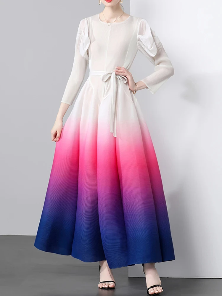 ANLAN Pleated Color Block Dress Women A-line Round Collar Medium Long Elegant Lady Evening Party 2024 New Clothing 6CAD230