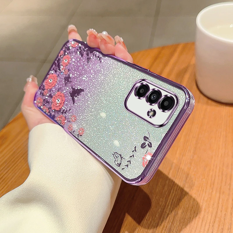 

Luxury Glitter Butterfly Flower Phone Case For Samsung Galaxy A15 A14 A24 A34 A54 A05 A51 A13 A23 A33 A53 A72 A52 Gradient Cover