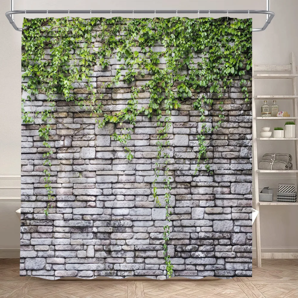 Vintage Brick Wall Green Leaves Shower Curtains Rustic Vine Plant Leaf Grey Stone Polyester Fabric Bathroom Curtain Decorative