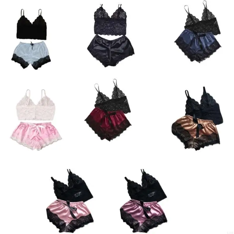 

L38E Women Pajamas Set Soft Lingerie Sleepwear V Neck Lace Cami Top with Bows Shorts
