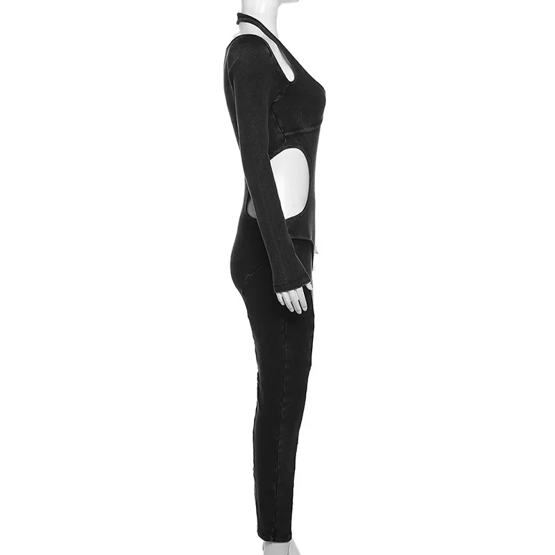 Women Rib Knitted Fitness Jumpsuit Sexy Hollow Out Halter Long Sleeve Skinny Casual Sport One Piece Overalls Yoga Rompers