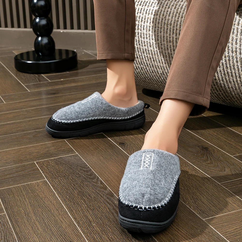 Pmoiste Men Soft Fannel House Slippers Warm TPR Cushion Memory Foam Designer Mark Line Living Room Shoes Slip-on Indoor Winter