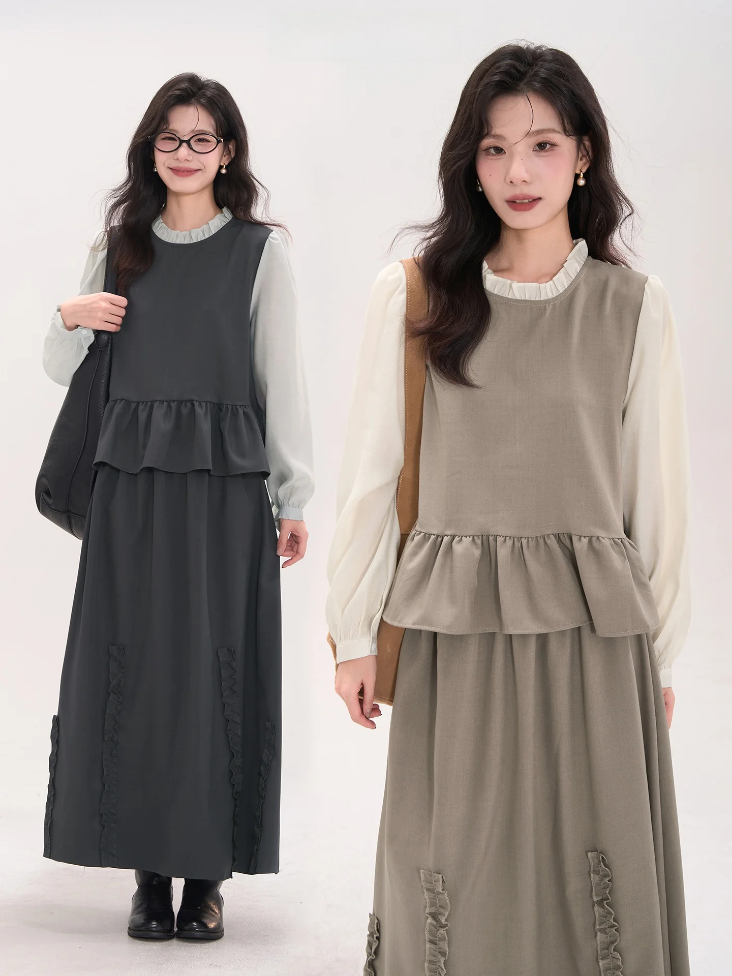 

Heme Floral Stand Collar Suit Blouse And f Skirt Two Piece Set Women's Autumn Casual Sle Long Sve Loose Fit