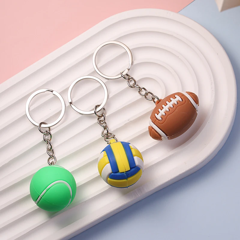 Creative Simulation Football Basketball Volleyball Tennis Rugby Keychain PVC Mini Key Ring Backpack Pendant Car Accessories Gift