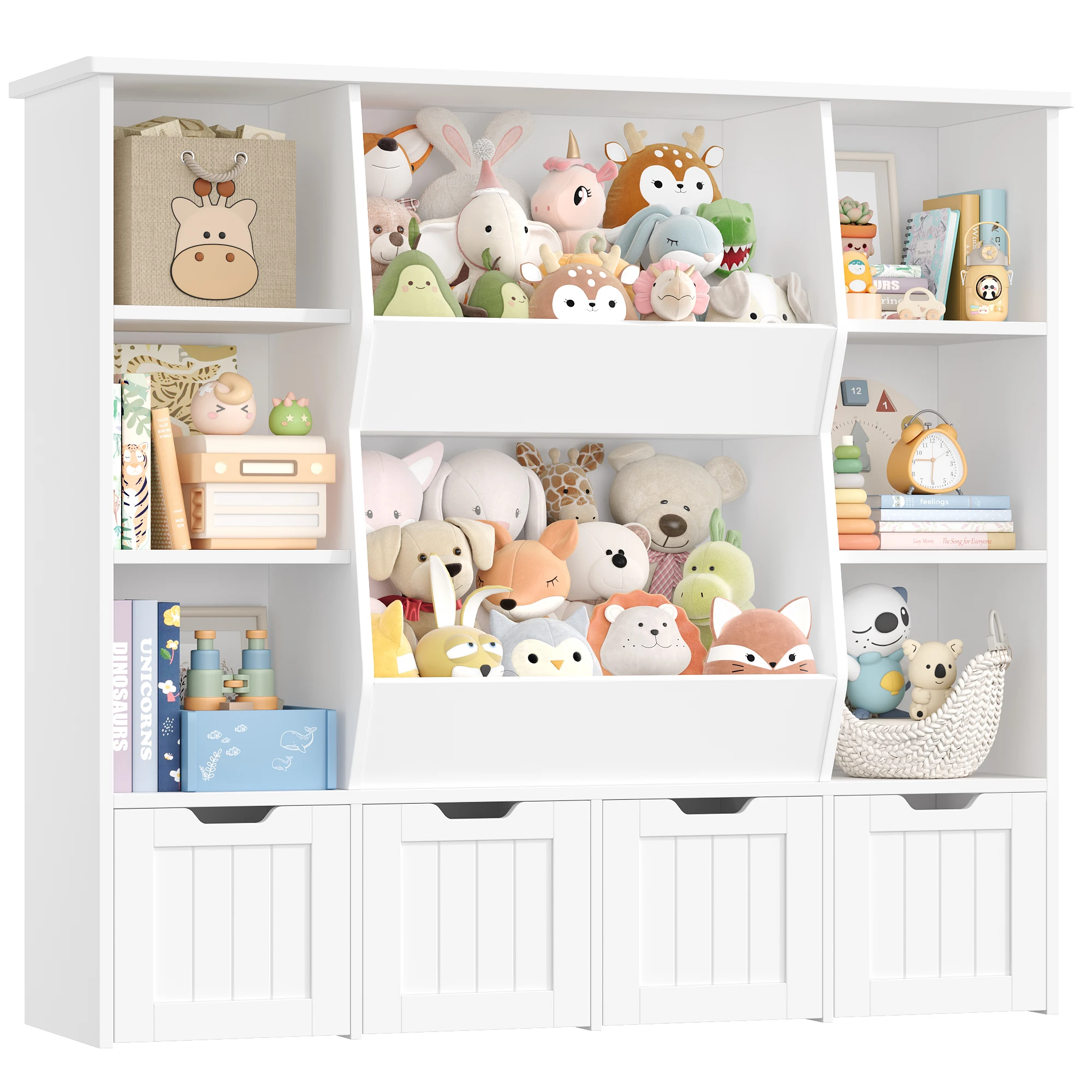 Getone Kinderbücherregal mit 4 Boxen auf Rollen Kinderregal kinder 9 Regalen Kinderzimmer Möbel Spielzeugregl 124.5x35x118cm