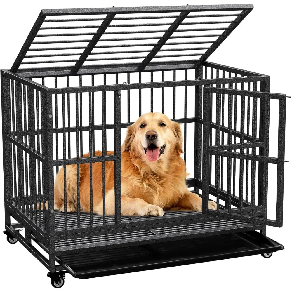 

Dog Crate with Removable Tray, 42" Dog Cage Kennel for Large Dogs, Heavy Duty Dog Carrier with Lockable Wheels, High Anxiety Dou