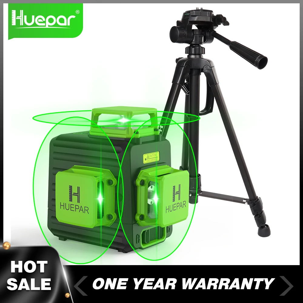 huepar ferramentas de nivel laser com tripe e suporte magnetico feixe verde 3d linha cruzada auto nivelante 12m 12 linhas 01