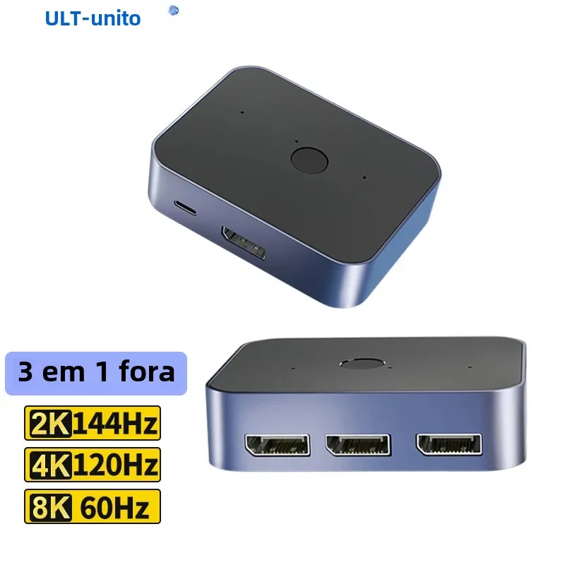 8K DisplayPort 1.4 Switch 3 em 1 Out Splitter Converter 48Gbps 8K @ 60Hz 4K @ 144Hz Adaptador para PC Monitor Projetor TV