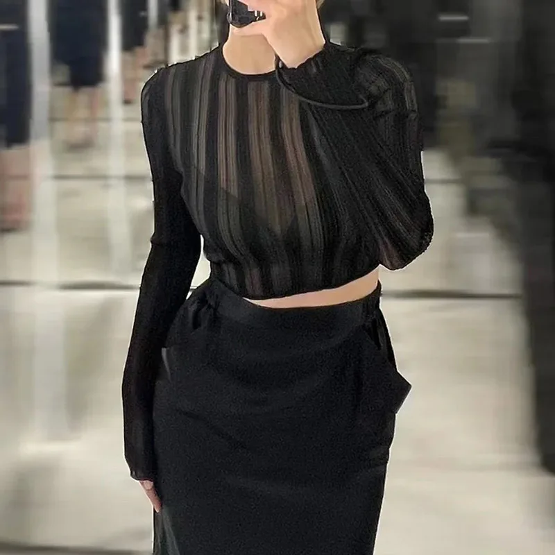 

Women's Clothing New Perspective Knitted Bottoming Shirt Fashion Black Long Sleeve O Collar Slim Pullovers Designer Summer 2024