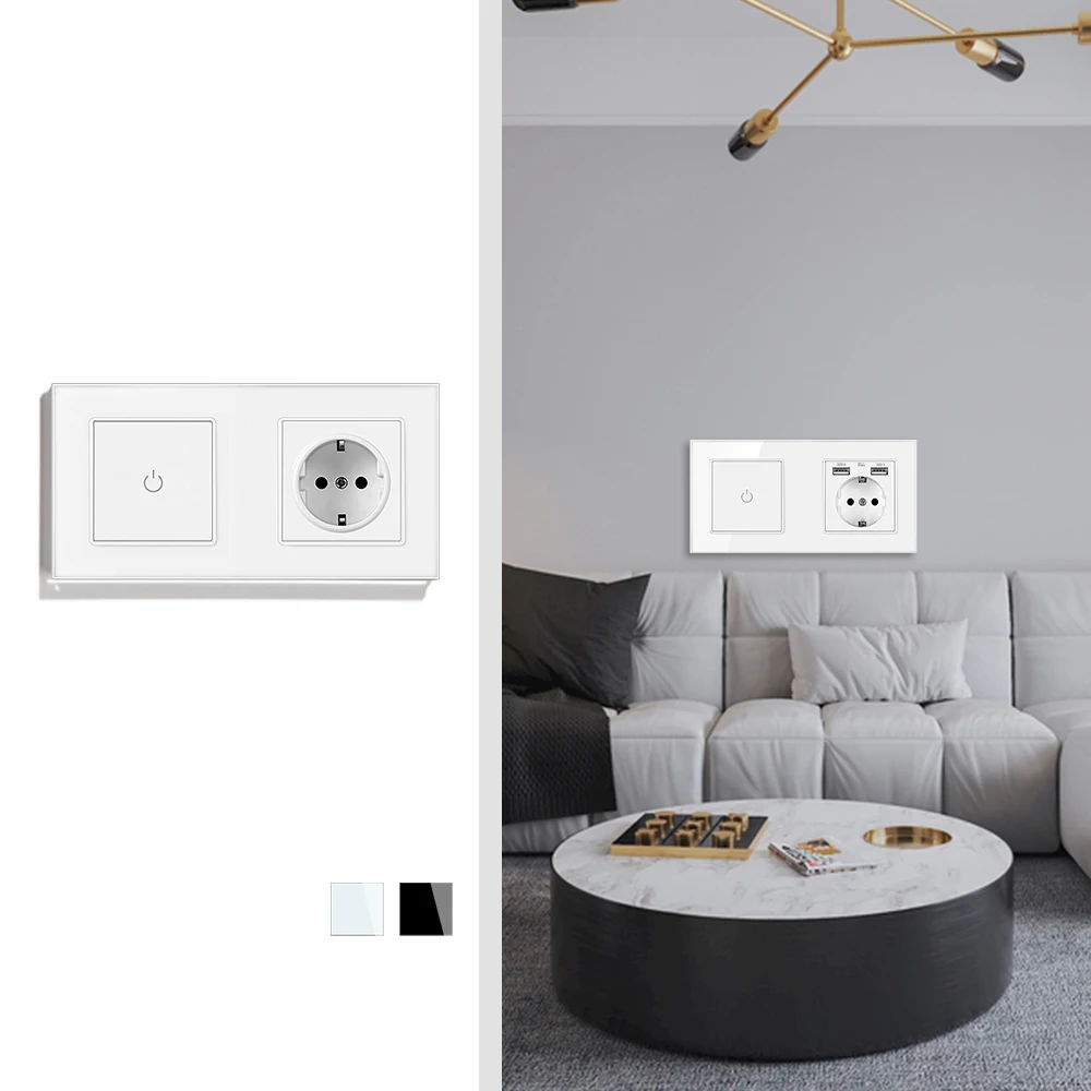 UBARO EU Type TV Socket Touch Switch DIY Installation Computer USB With Tempered Glass Frame Accessory White Home Improvement