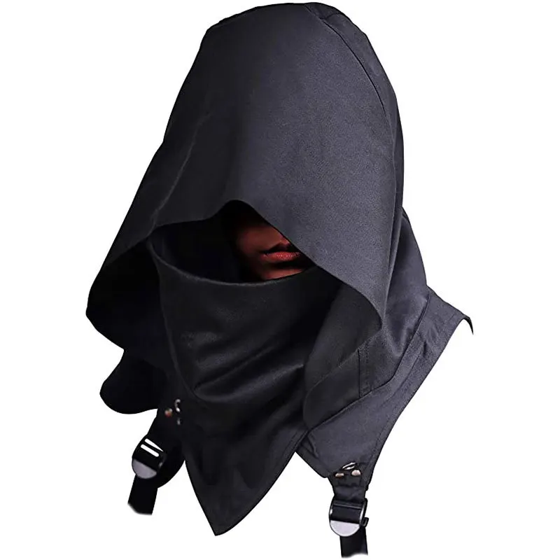 Men's Medieval Vintage Pirate Cosplay Hooded Cloak Black Cyberpunk Rogue Cowl Hood Scarf Halloween Party Costume Props