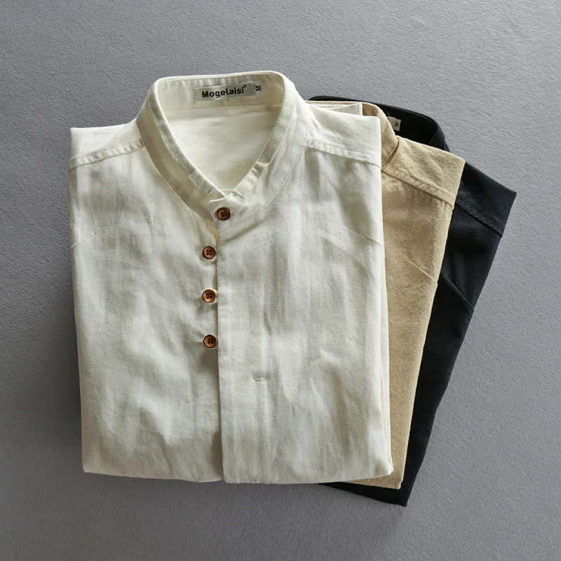 

New men's casual linen shirt for spring and autumn, Chinese style stand-up collar cotton and linen shirt