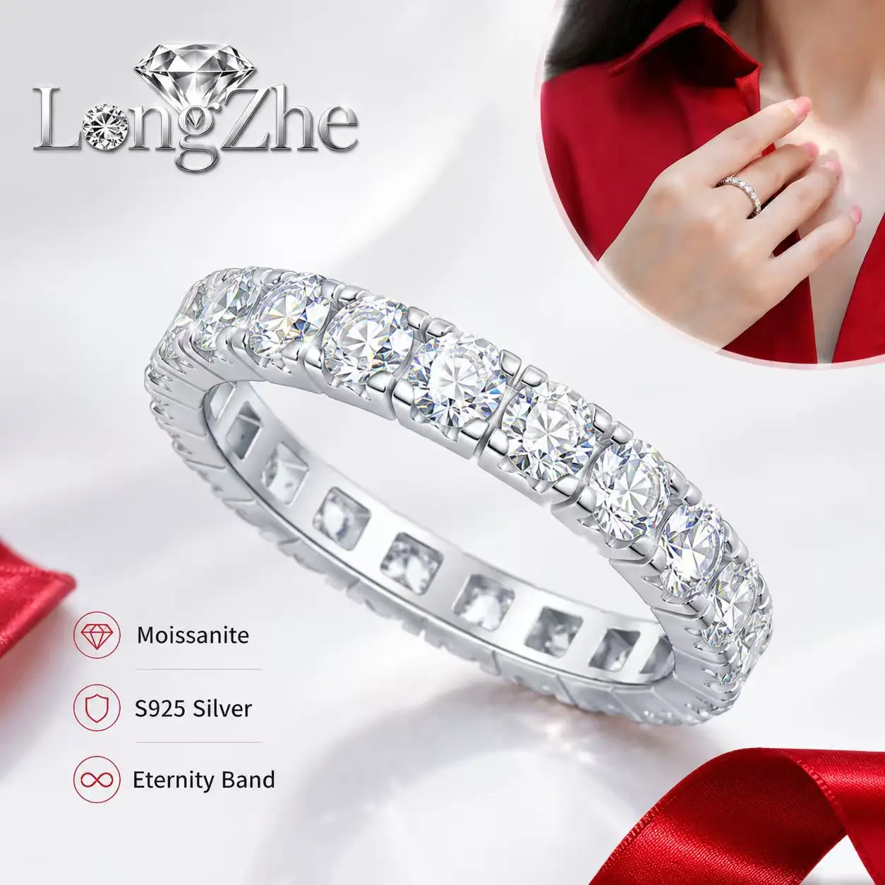 

Luxury Moissanite Eternity Ring 925 Silver Sparkling Full Circle Wedding Band for Women