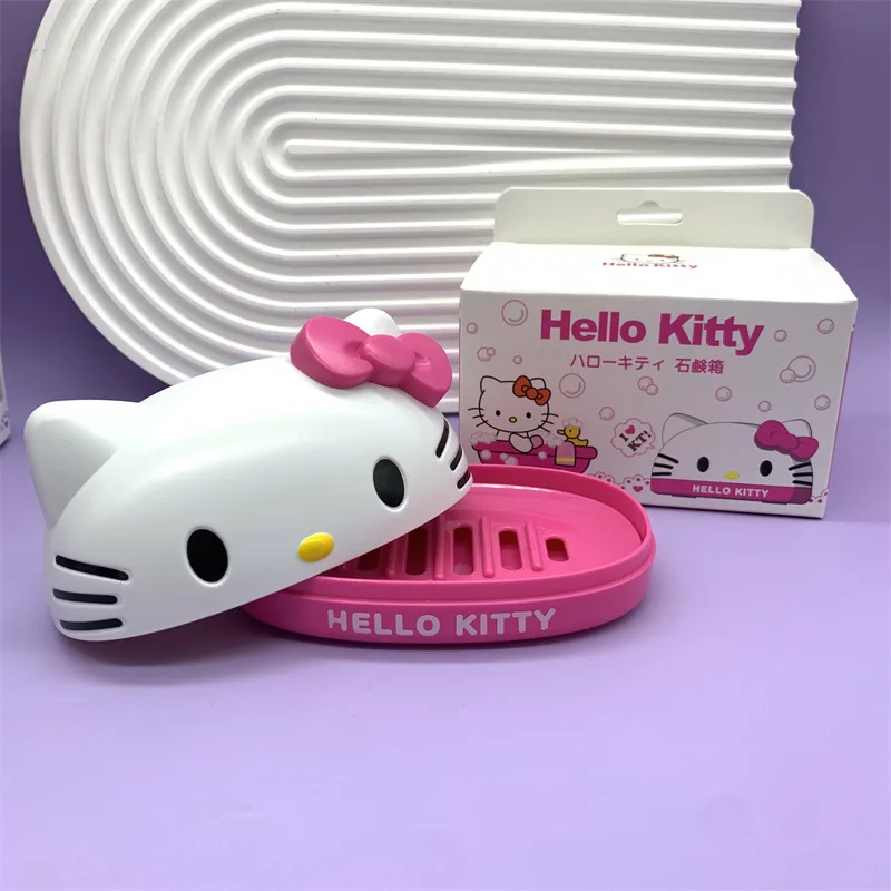 Caja de jabón Kawaii Kuromi Hello Kitty Melody, Linda figura de Sanrio, soporte de jabón de baño, escurridor con cubierta, juguete de corazón para