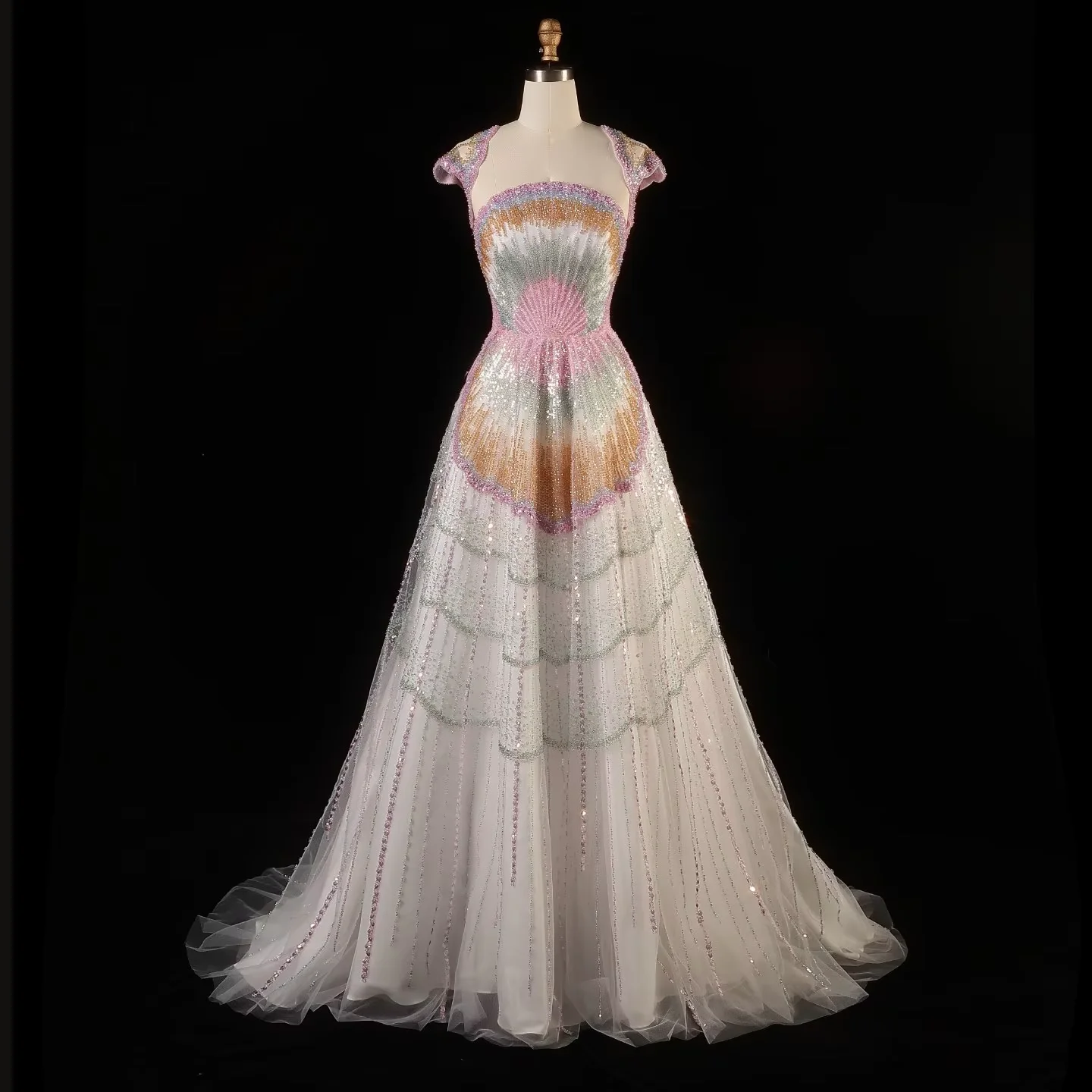 

Ofherown Pastel Multi Color Cap Sleeve Evening Dress Prom Gown Beaded Sequin Tulle Formal Party A-Line Ball Gown