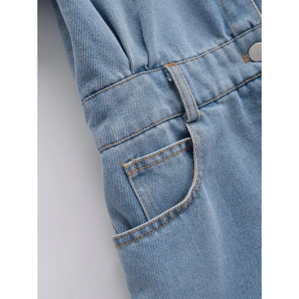 TRAF ZR-Combishort en Denim pour Femme, Barboteuse à Col à Revers, Manches Courtes Retroussées, lèvent Avant en Métal, Ceinture artificiel astique au Dos, une Pièce