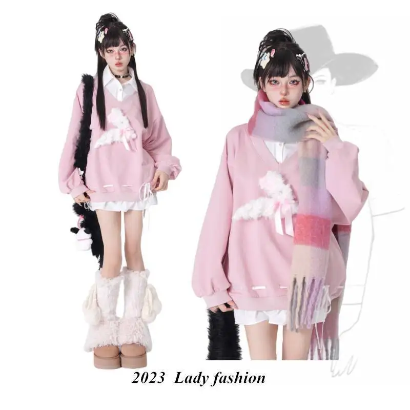 

Новинка, повседневные свободные розовые толстовки, Женская подходящая ко всему плюшевая подвеска в виде кролика, Женская Эстетическая корейская мода в стиле Харадзюку, 2K