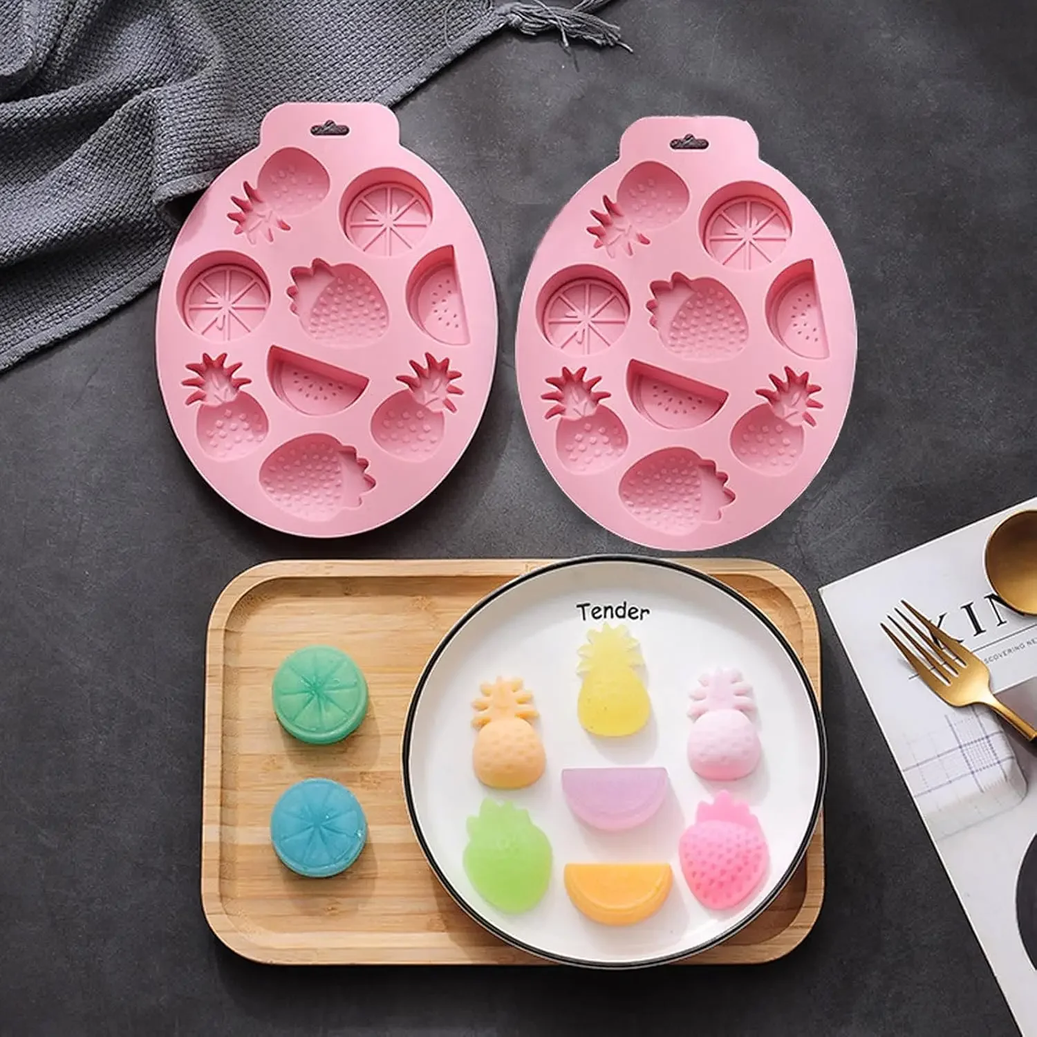 

2Pcs Fruit Silicone Molds Summer 3D Mini Strawberry Pineapple Orange Lemon Molds for DIY Chocolate Cookies Soap Baking Decor