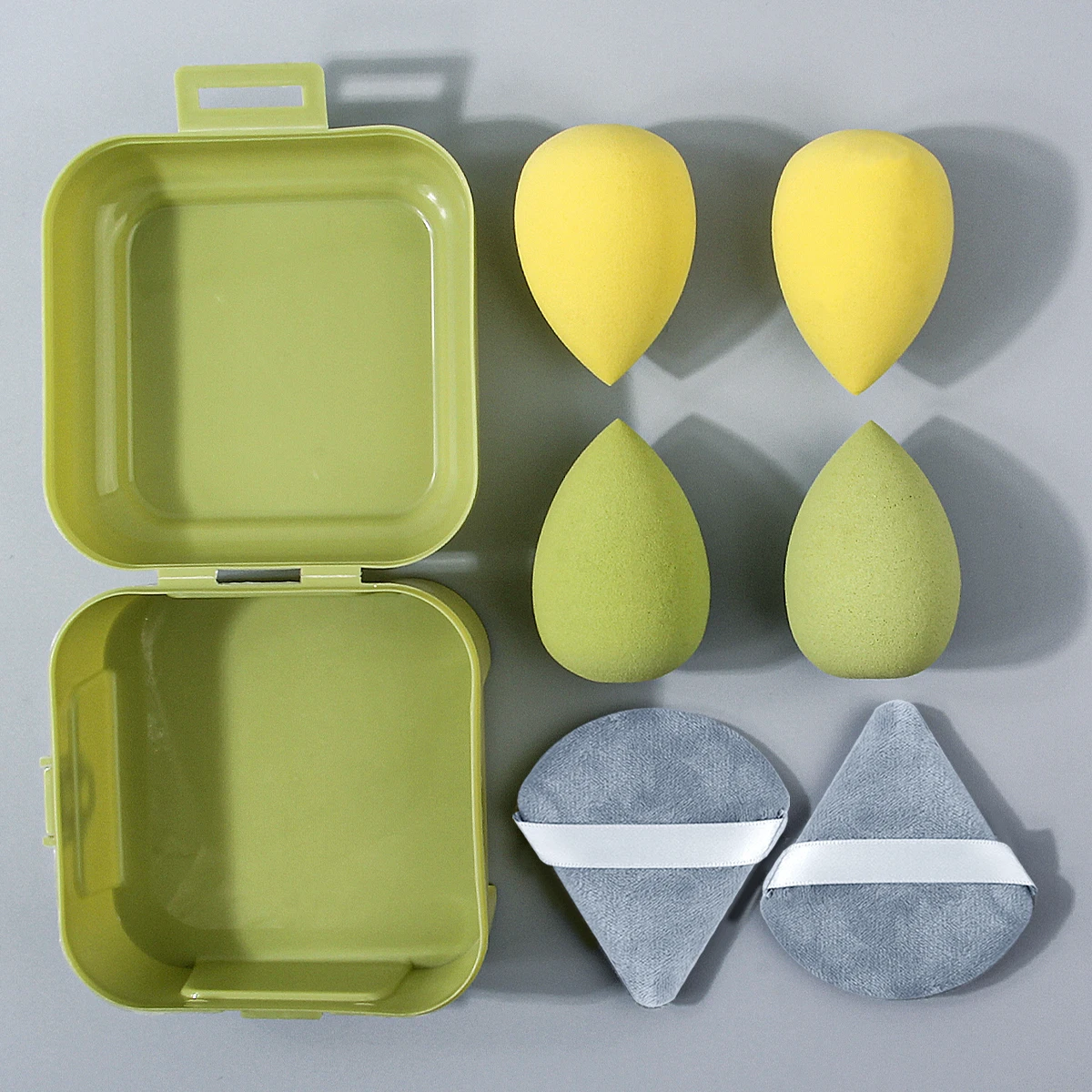 6 قطعة إسفنجة مكياج جافة ورطبة مزدوجة الأغراض غير لاصقة للبيض/نفخة مسحوق مثلثة + 1 قطعة صندوق تخزين محمول