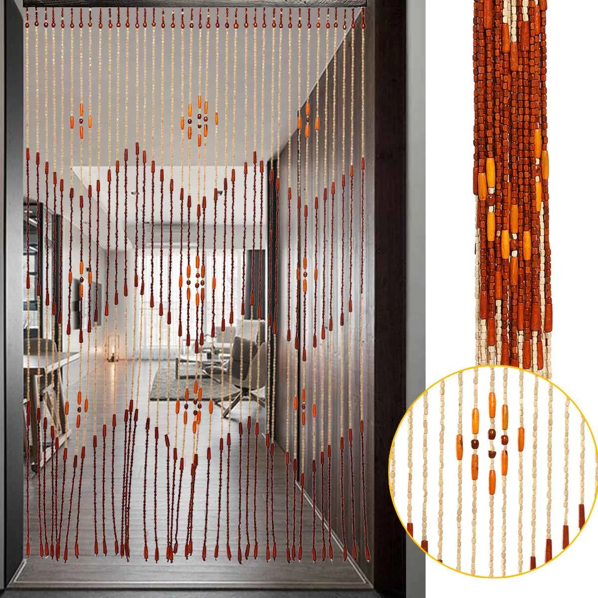 90X175Cm Wooden Bead Curtain  27 Line Handmade Wooden Blinds Fly Screen String Curtains Valance Divider For Porch Room Window