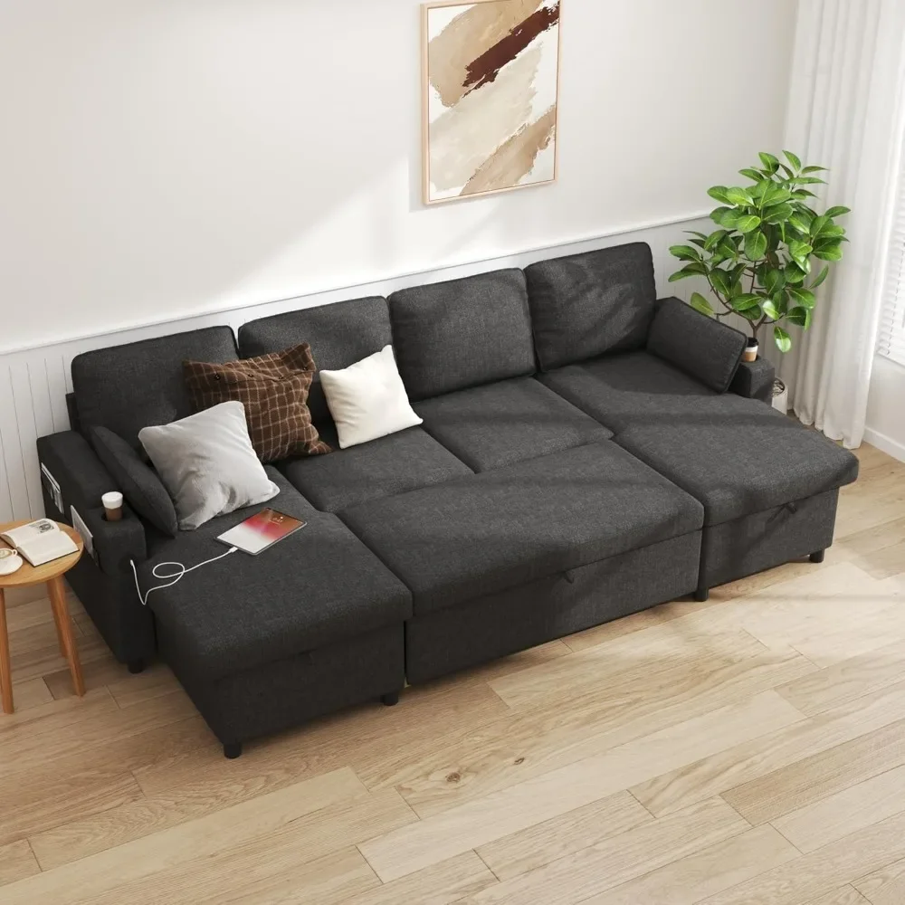 

Sofa Bed Pull Out Couch Sleeper with Double Storage Chaise - U Shaped Convertible Sectional Sofa for