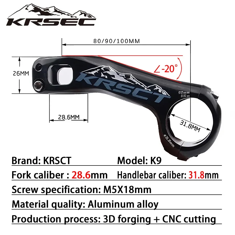 KRSCT Bicycle Stem 3D Forging High Strength Mountain Bike Stem -20 Degree 70/80/90/100mm Length for AM/FR/DH 31.8mm Handlebar