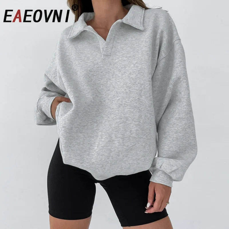

EAEOVNI универсальные однотонные топы для женщин, свободный повседневный пуловер с длинными рукавами и лацканами, футболка, модная весенняя новая одежда 2025 г.