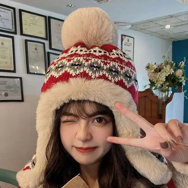 〔CC88〕Winter Keep Warm Head Cap. Internet Celebrity New Plush Bomber Hats. Loose Fashion Bonnet Balaclava Ear Protection Beanies