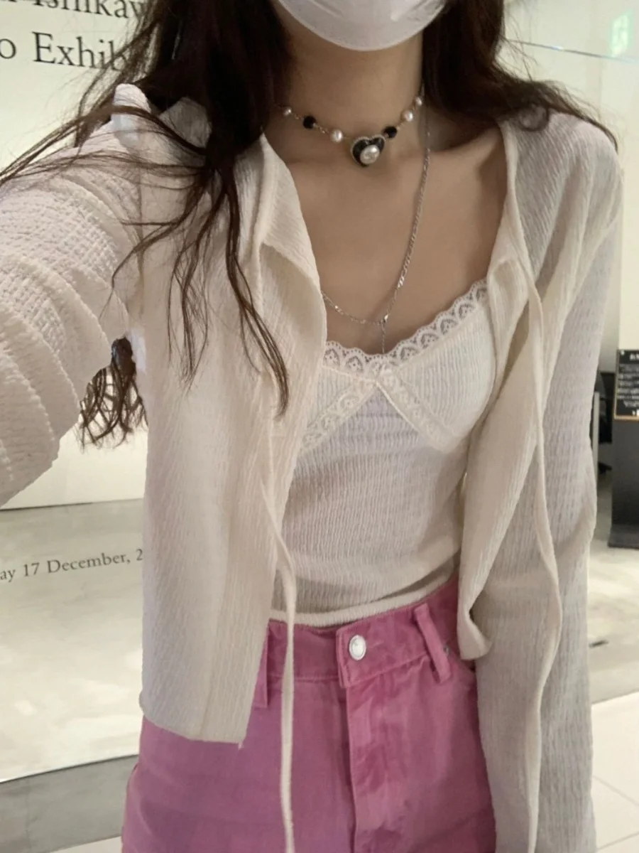 

Летний комплект Smoid Sweet Sle из двух предметов: кардиган с кружевной отделкой, приталенный, с длинными рукавами, для защиты от солнца, из смесового хлопка, коллекция 2024