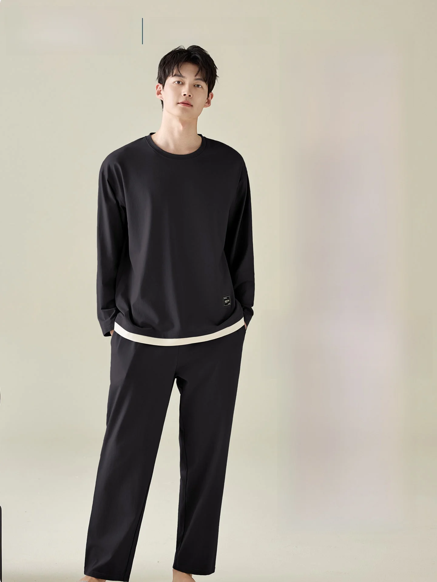 Plandoo Men's Sleepwear Long Sleeve round Neck Home Clothes Set Spring Autumn Pure Color Simple Large Size Comfortable Soft