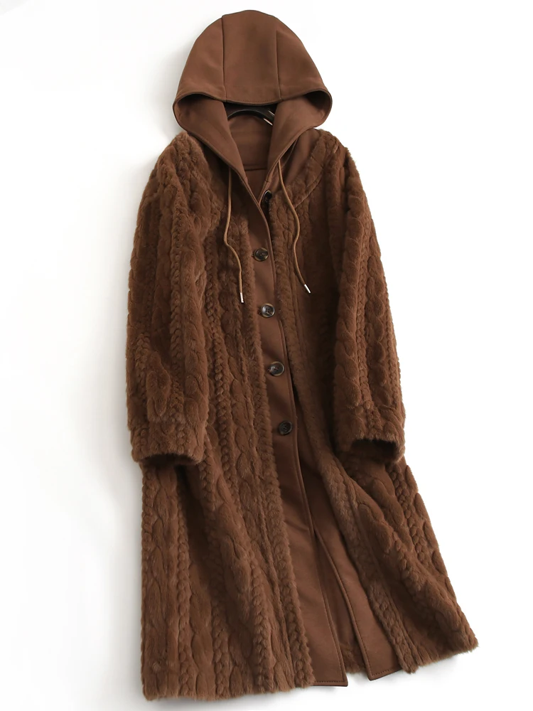 

Women's Long Sleeve Fur Coat Hat Integrated Water Rabbit Velvet Simulation Thickened Straight Tube Commute Style Outerwear