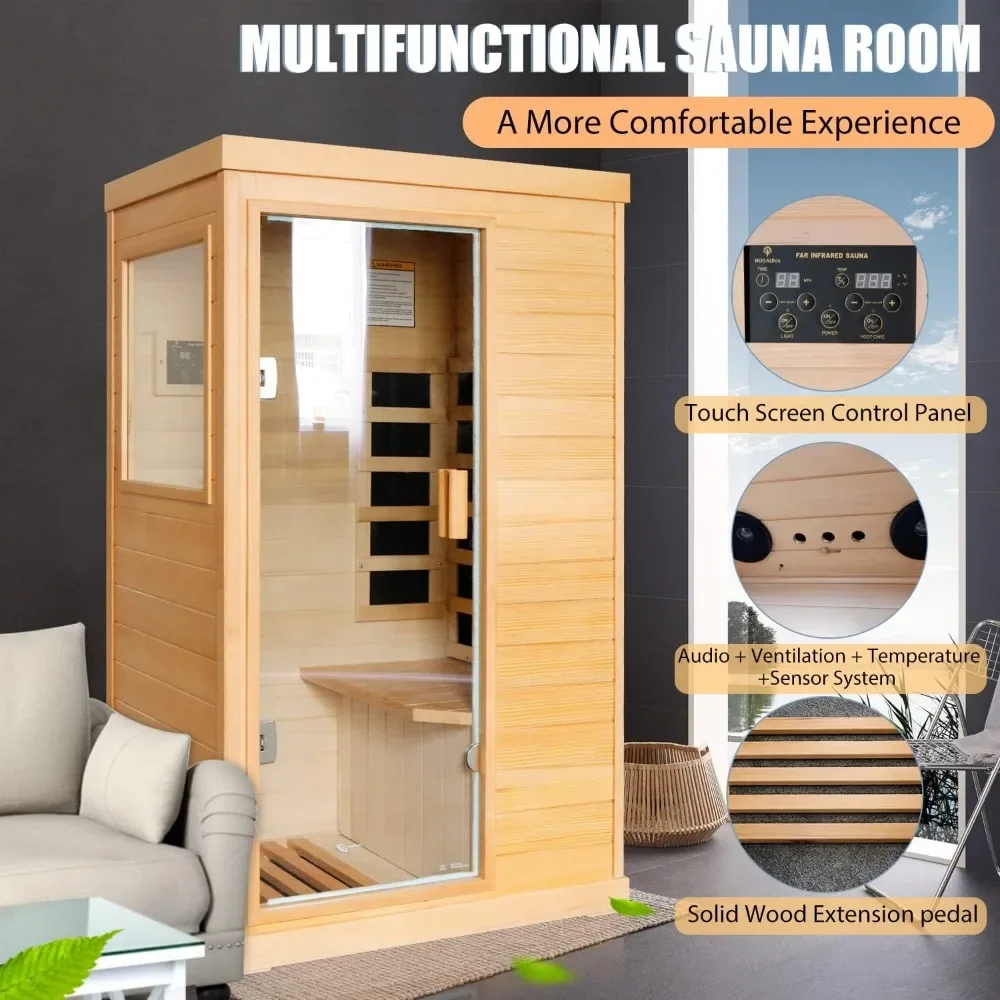 Sauna infravermelha distante, sauna doméstica, 800w/110v, baixo emf, madeira canadense hemlock, sauna seca interna para casa com painel de controle