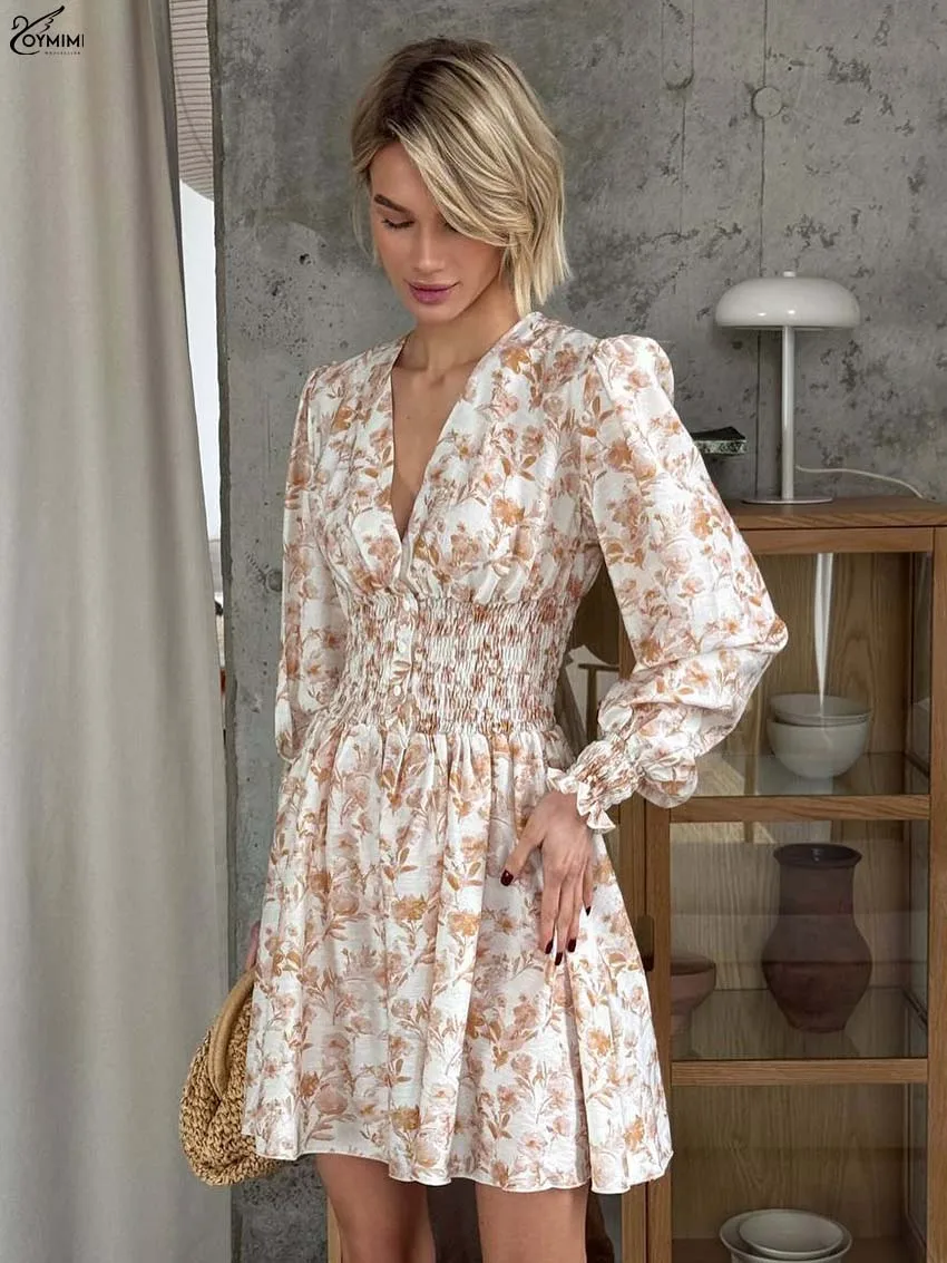 

Oymimi Autumn White Print Women's Dress Fashion V-Neck Long Sleeve Single Breasted Dresses Elegant High Waist Pleated Mini Dress