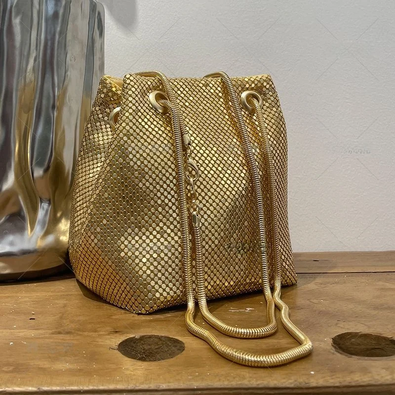 Fashionable Aluminum Sheet Women's Crossbody Bucket Bag Chain Strap Shiny Travel Leisure Shoulder Bag by 18HINO81