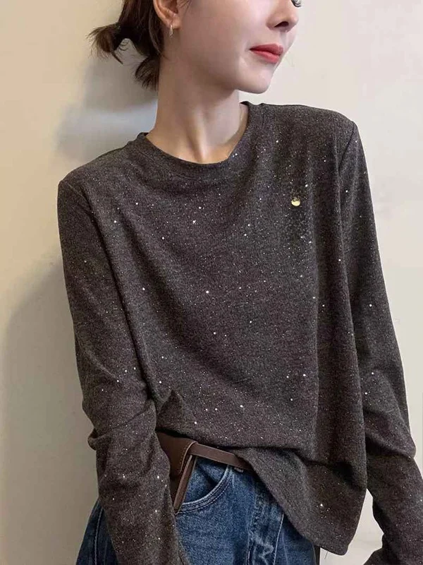 Ele Long Sve round Ne T-irt Dames losse afslankende basislaag irt Top Faionable Sequin Design Cartoon Print