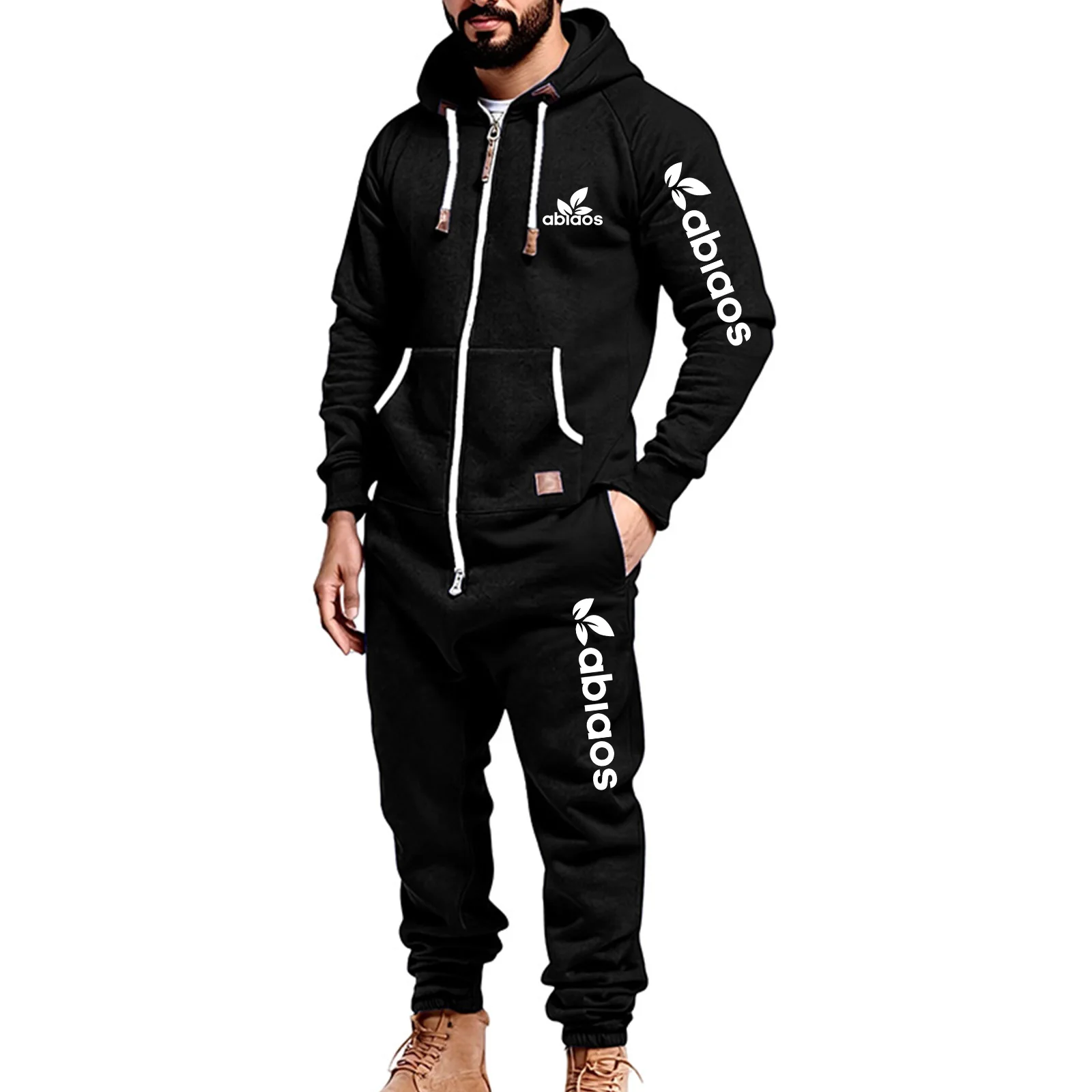

New men's autumn and winter fashion high-quality printed hooded jumpsuit, warm zipper pocket for casual outdoor wear