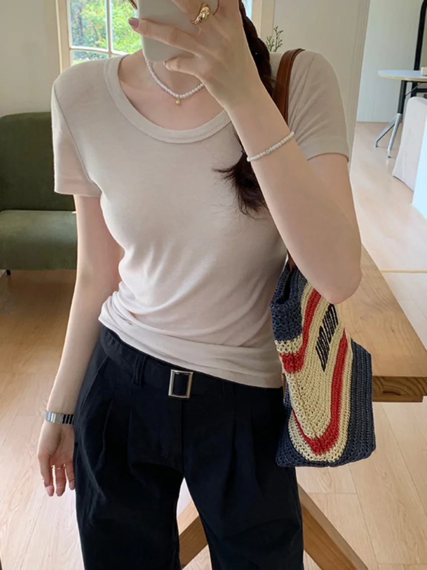 الغريبة كيتي 2025 تي شيرت غير رسمي جديد الصلبة شيك قصيرة الأكمام مكتب سيدة شارع العليا لطيف الحد الأدنى كل مباراة فضفاض تيز #4