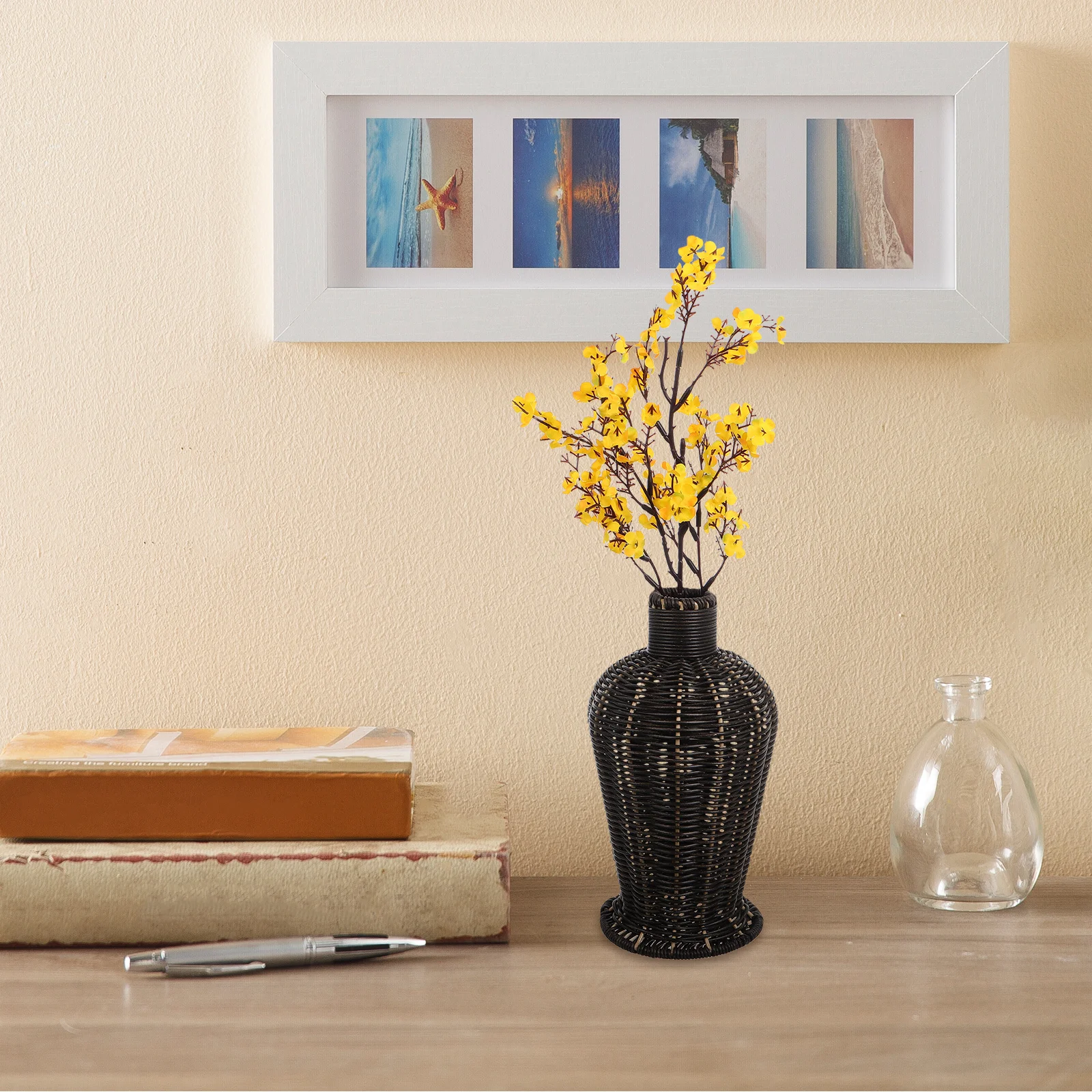 

Plastic Wicker Flower Vase Imitation Rattan Rustic Woven Basket Decorative Holder Dried Flower Stand Country Style for Living