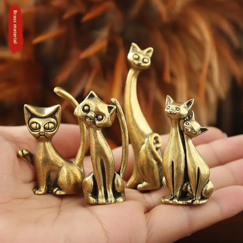 1Pcs Antique Brass Cat Figurine Mini Metal Cat Statue Retro Animal Ornament Home Office Desk Decor Collectible Gift