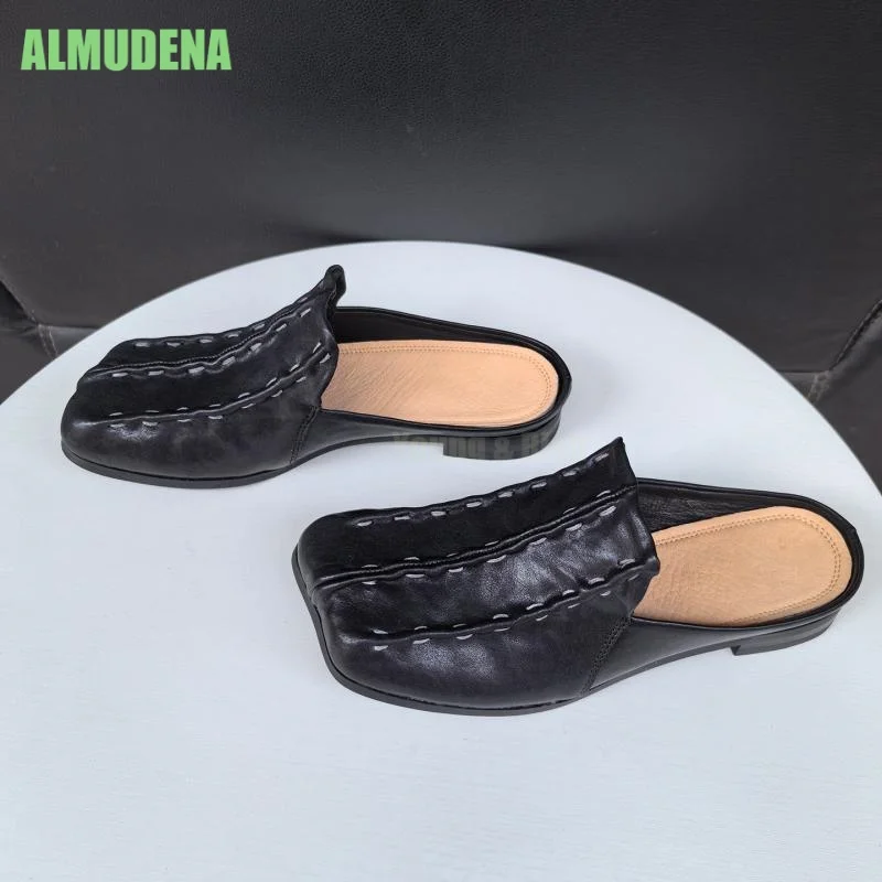 Unisex Square Toe Backless Mule Slips Supple Washed Crinkle Leather Dual Vertical Hand Stitch Accent Slip Slim Stable Flat Shoes